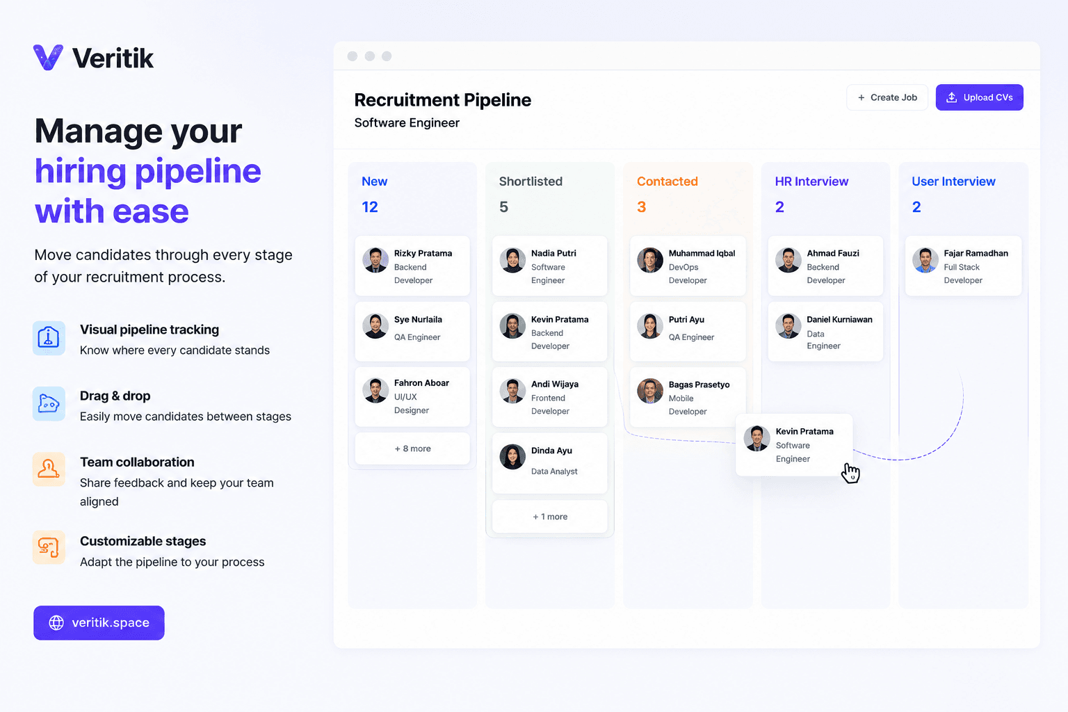 Veritik recruitment pipeline with hiring stages